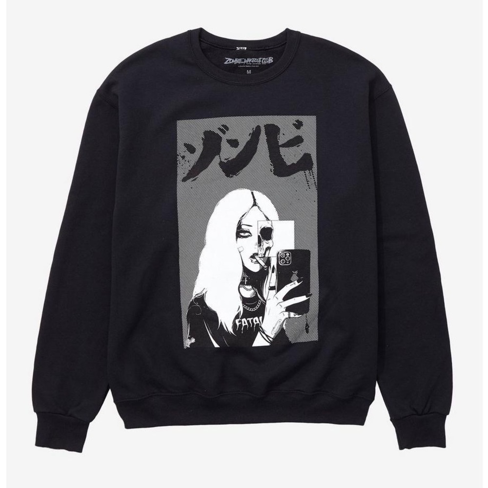 Hot Topic Zombie Makeout Club Black & White Skull Selfie Sweatshirt Size Small